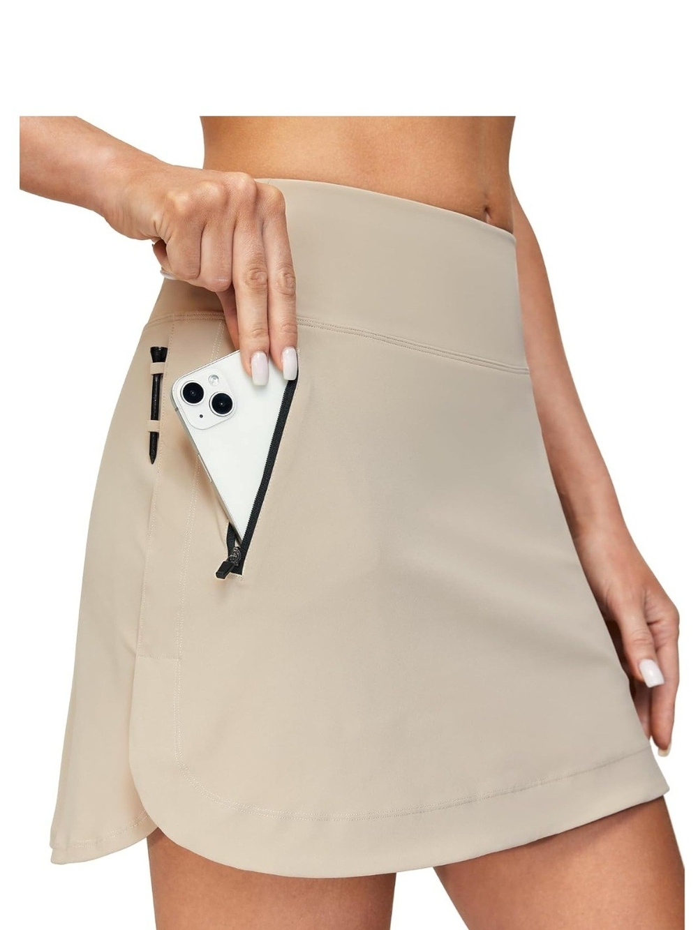 Beige High-Waist Active Skort with Zip Pocket